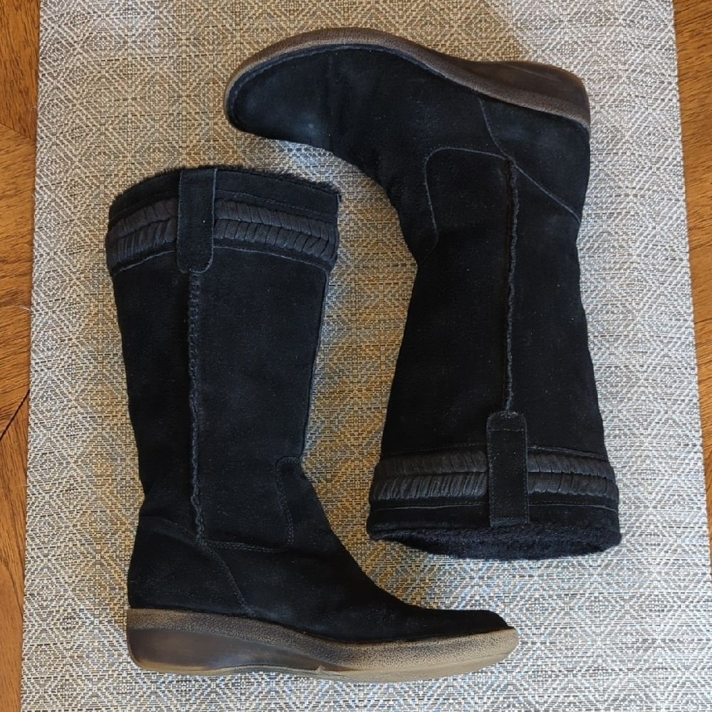 Nine West Vintange American Collection Black Suede Boots Faux Fur Trim - Picture 3 of 9